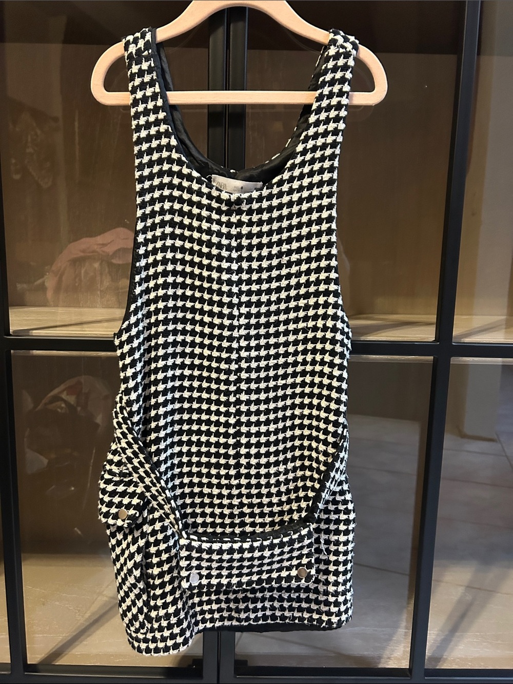 Zara Girls' Black & White Houndstooth Pinafore Dress - Classic Knit